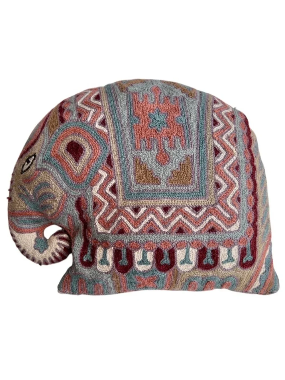 Kashmiri Chain Stitch Wool Elephant Pillow Handmade VTG 13